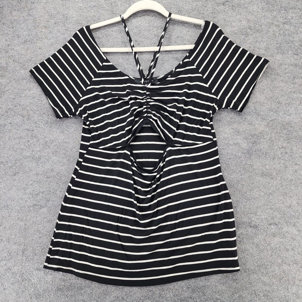 Ashley Stewart Shirt Womens 14/16 Black White Striped Ruched Open Front